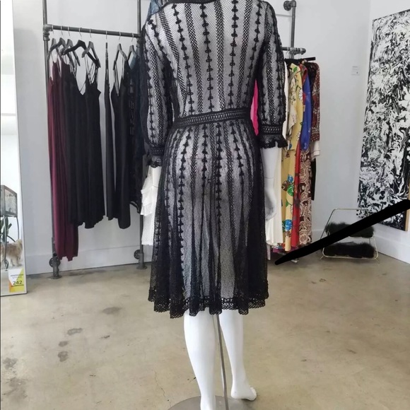 SOLD Vtg Black Crochet Plunging Button Dress S/M - Picture 2 of 3